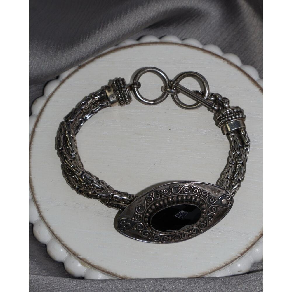 Byzantine 925 Woven Triple Strand Black Onyx Bracelet 40.6G / 7-7.6in